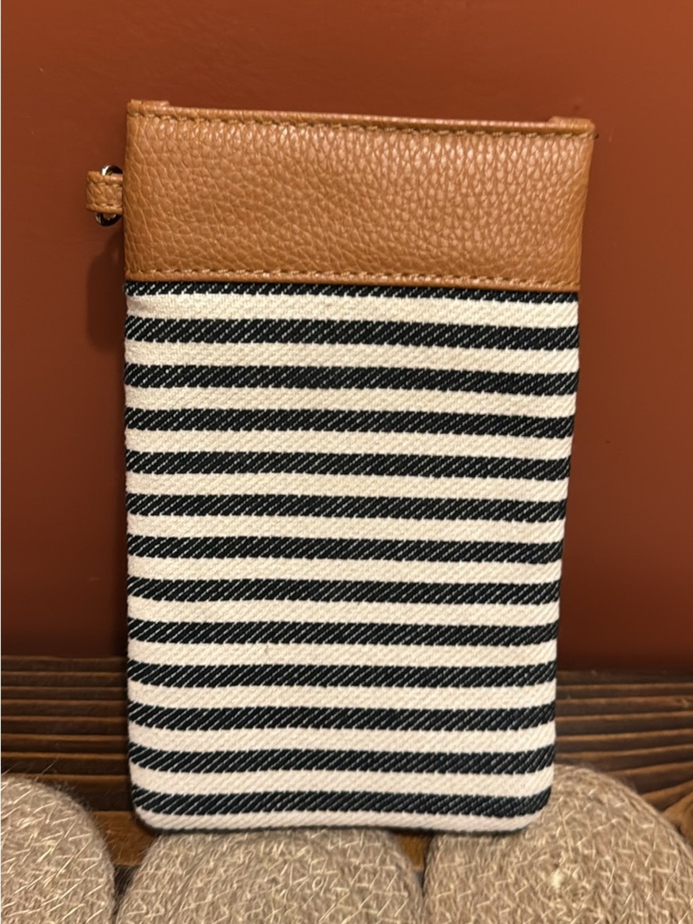 thirty-one Black & White Striped Canvas with Tan Leather Top Sleeve